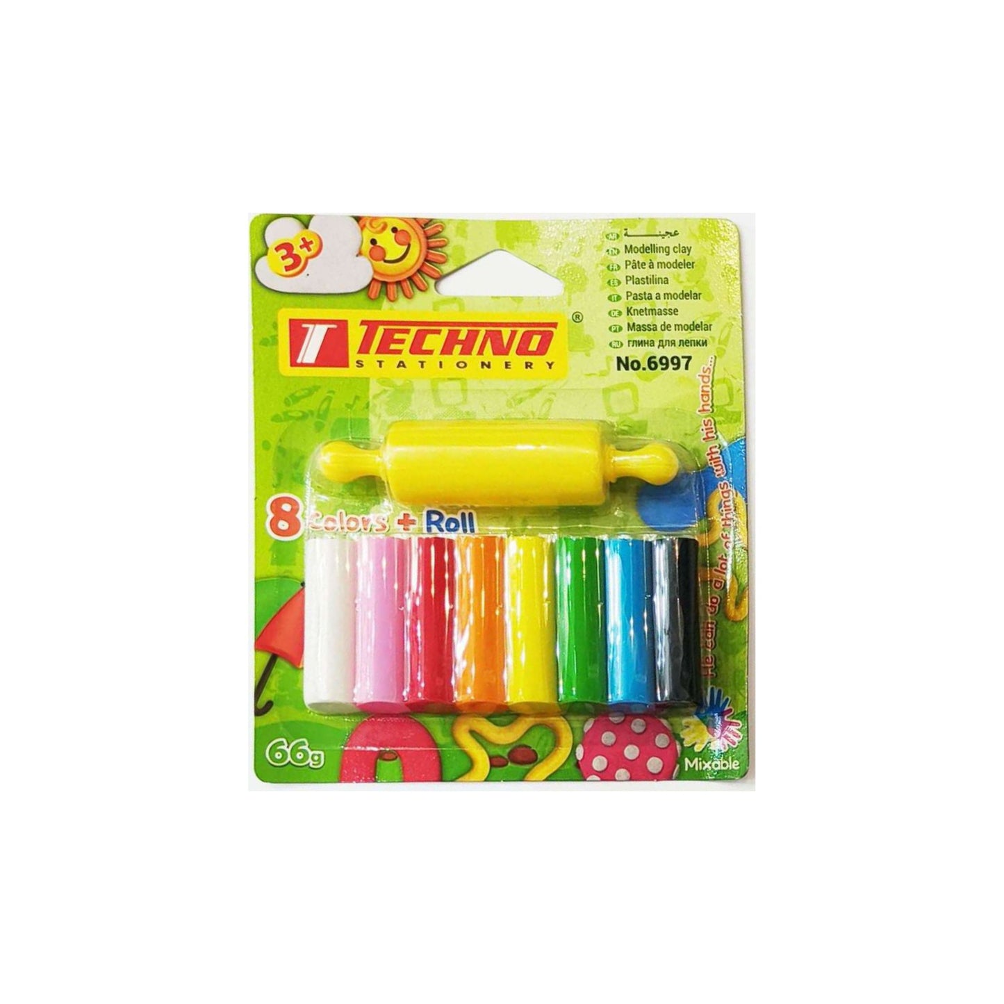 Techno Modelling Clay 8clrs + Roller 66g - 6997