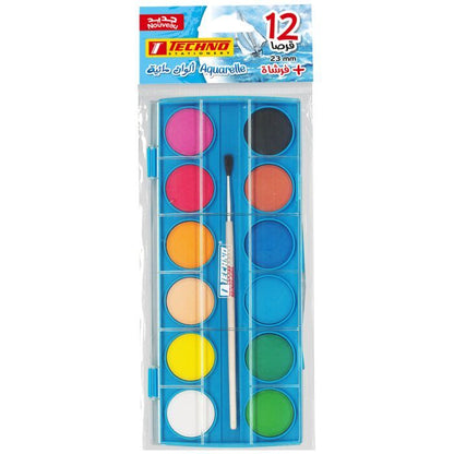 Techno Water Colour 23 mm 12 colour with brush (4406)